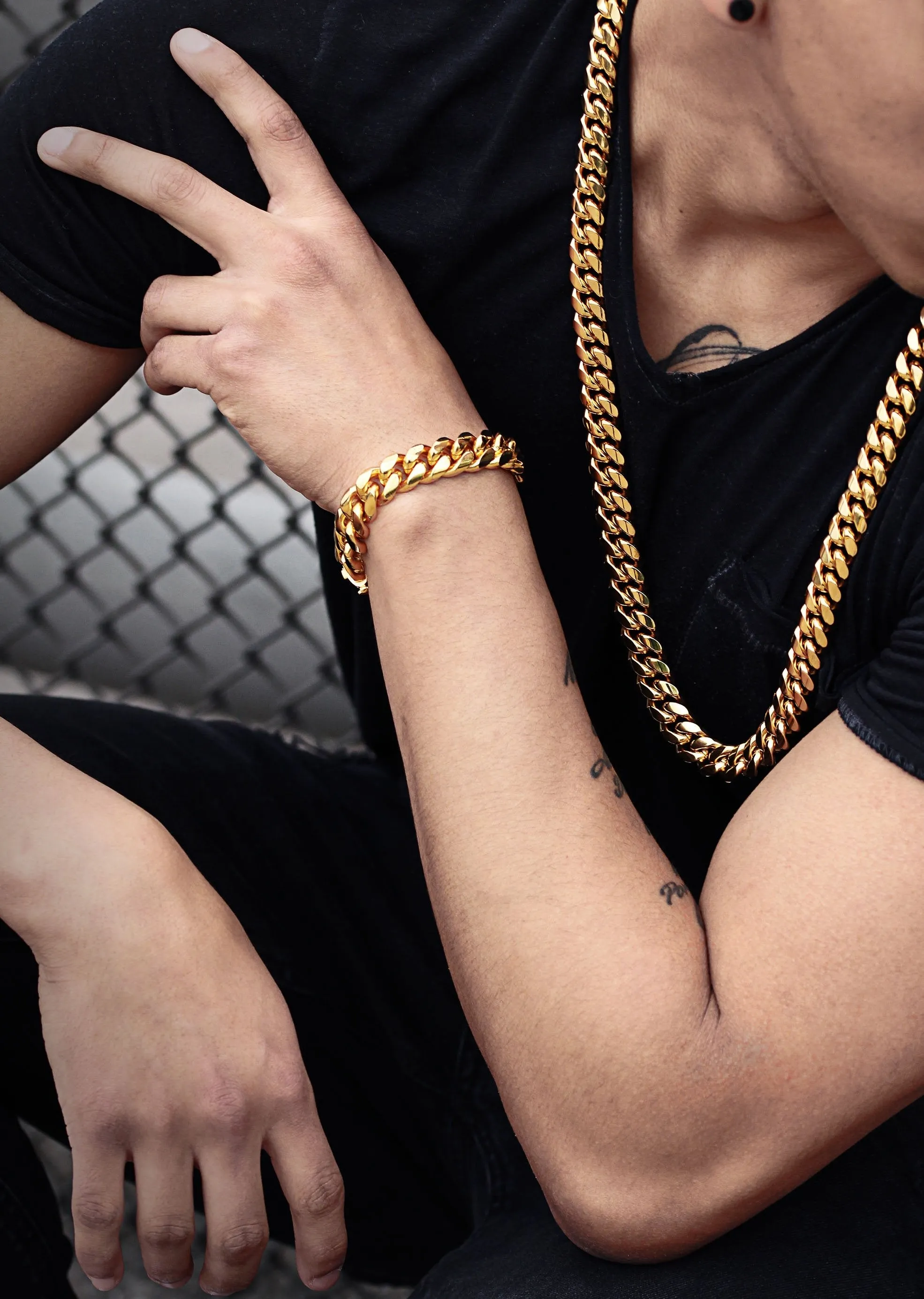 Solid Gold Plated Miami Cuban Link Chain & Bracelet ( 14 Mm )