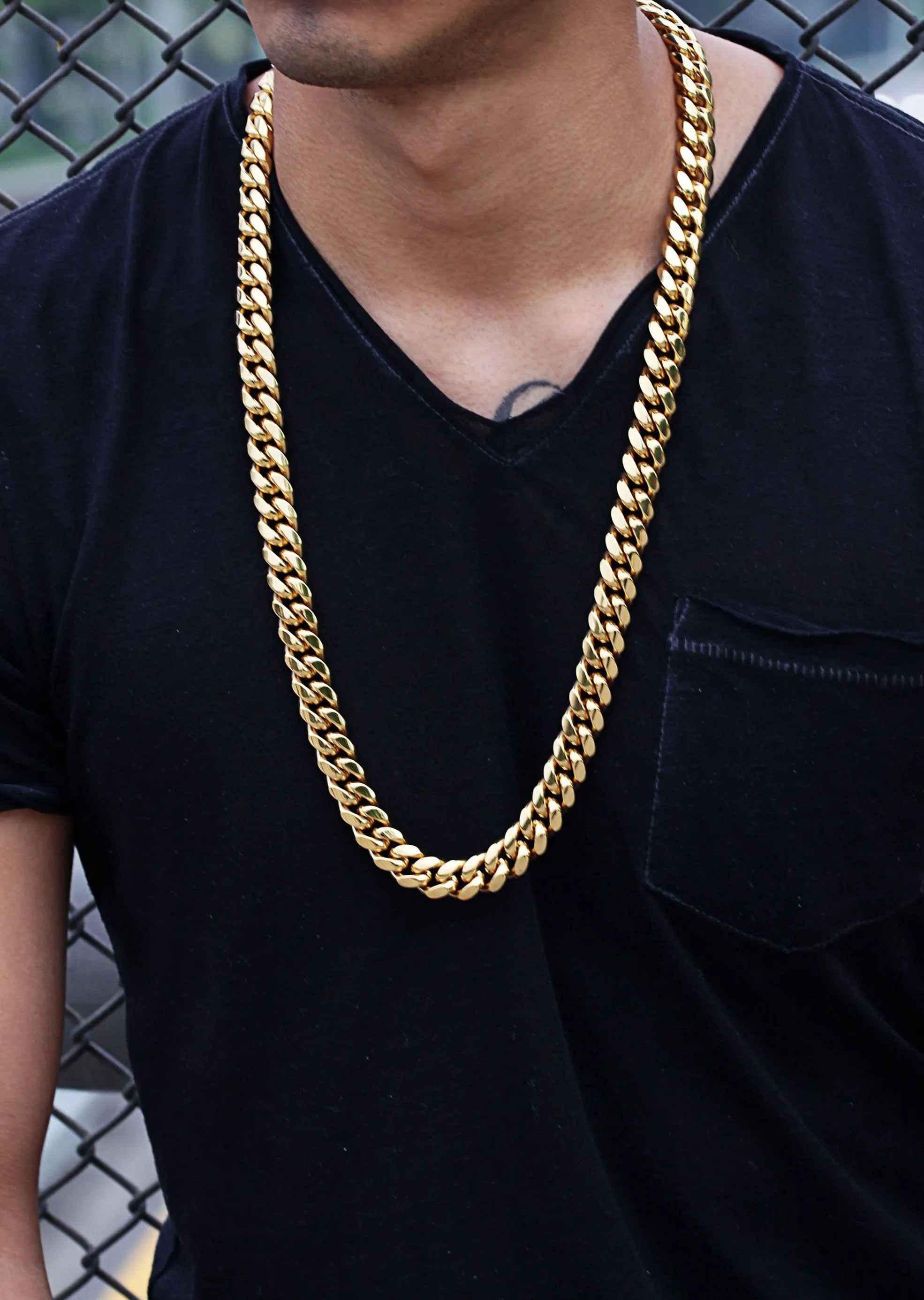 Solid Gold Plated Miami Cuban Link Chain & Bracelet ( 14 Mm )