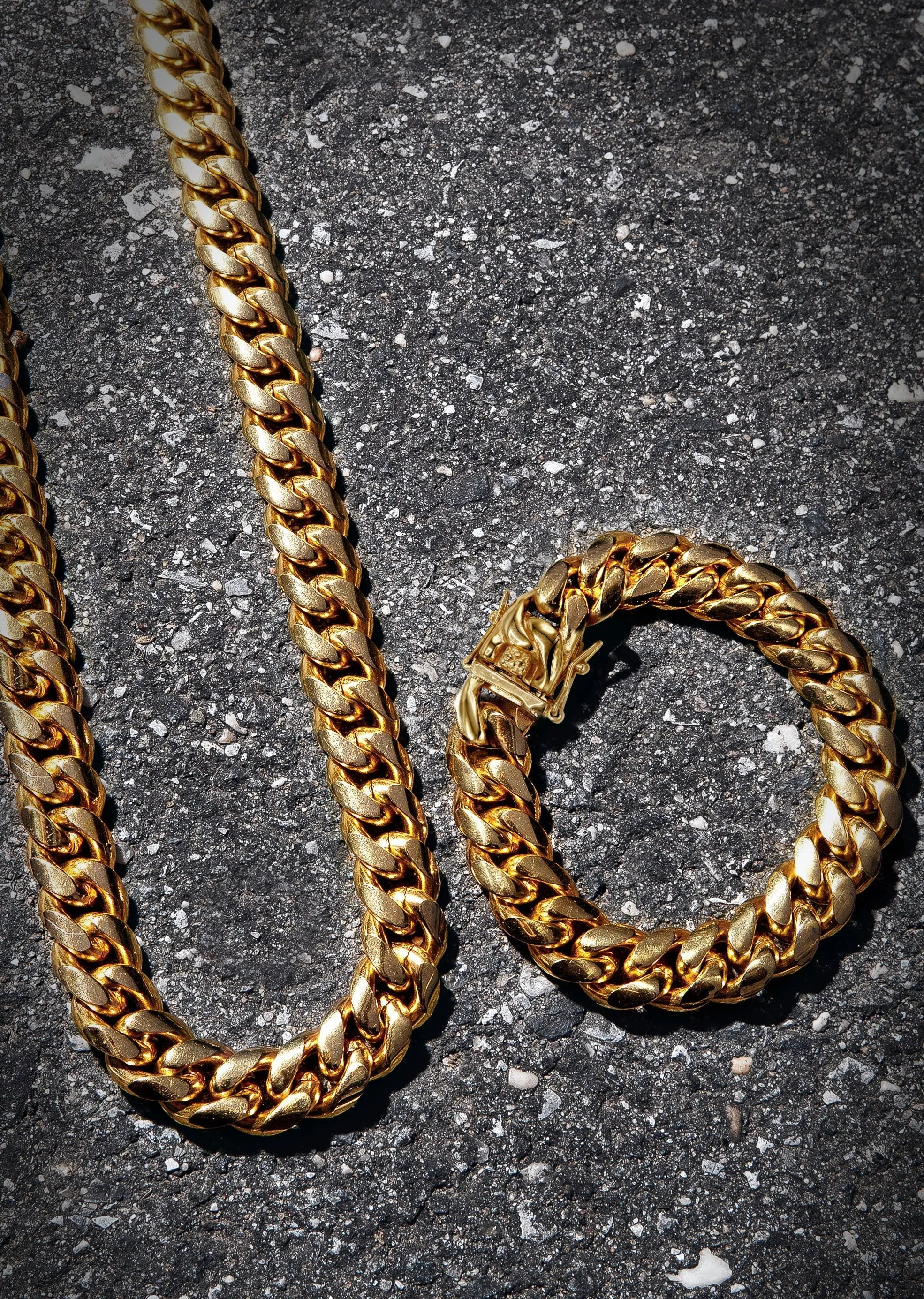 Solid Gold Plated Miami Cuban Link Chain & Bracelet ( 14 Mm )