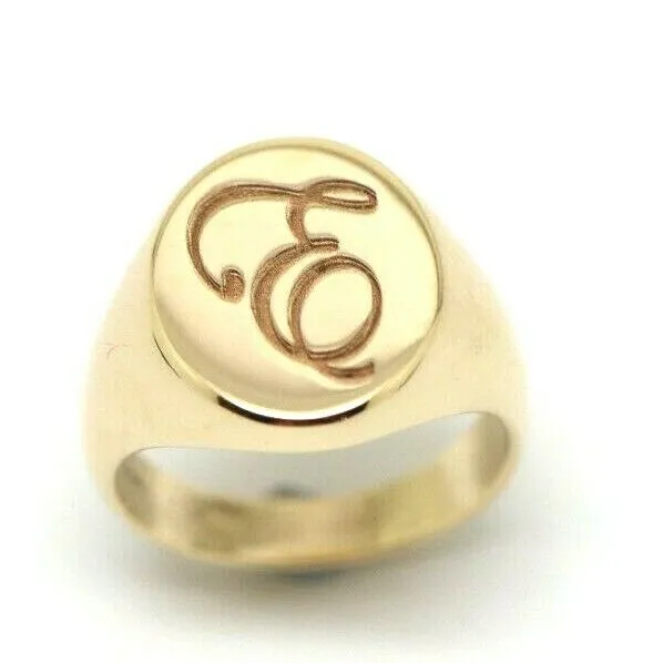 Solid Heavy New 9ct Yellow, Rose or White Gold Oval Signet Ring Size F  Engraved with letter E