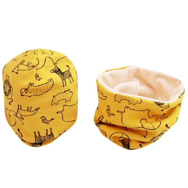 Spring Autumn Girls Hat Scarf Set Cartoon Owl Star Swan Baby Boy Girls Hat Set Children Hat Scarf-Collar Cotton Kids Hat Set