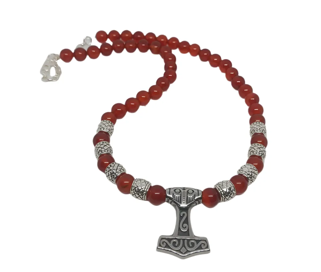 Stainless Steel  Mjölnir Necklace with Carnelian Crystal