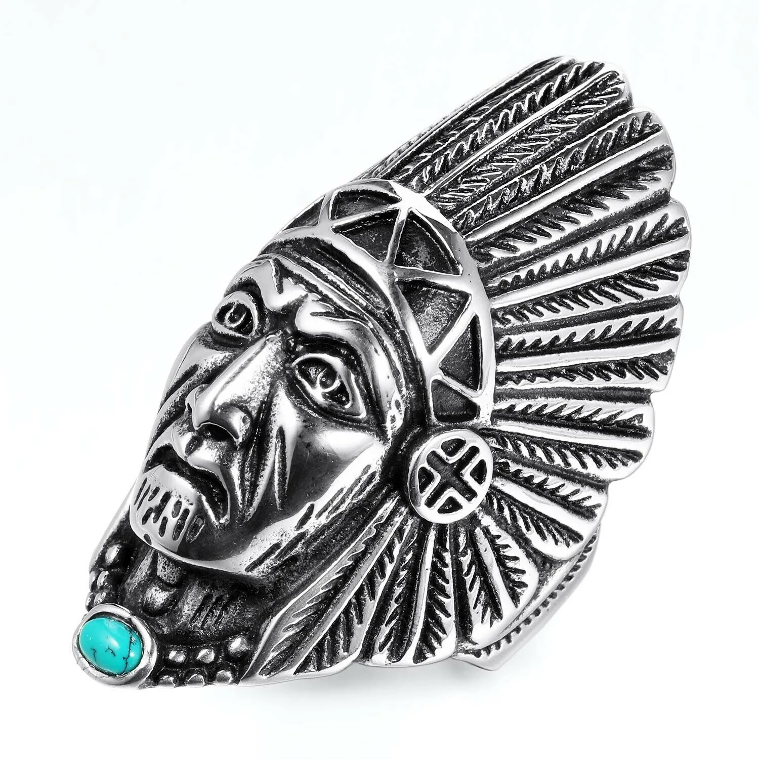 Stainless Steel Native American Indian Chief Feathers Ring