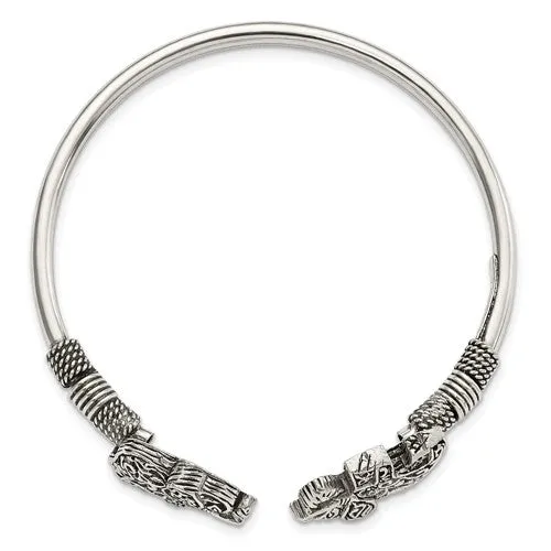 Sterling Silver Antiqued Filigree Elephant Flexible Bangle Bracelet