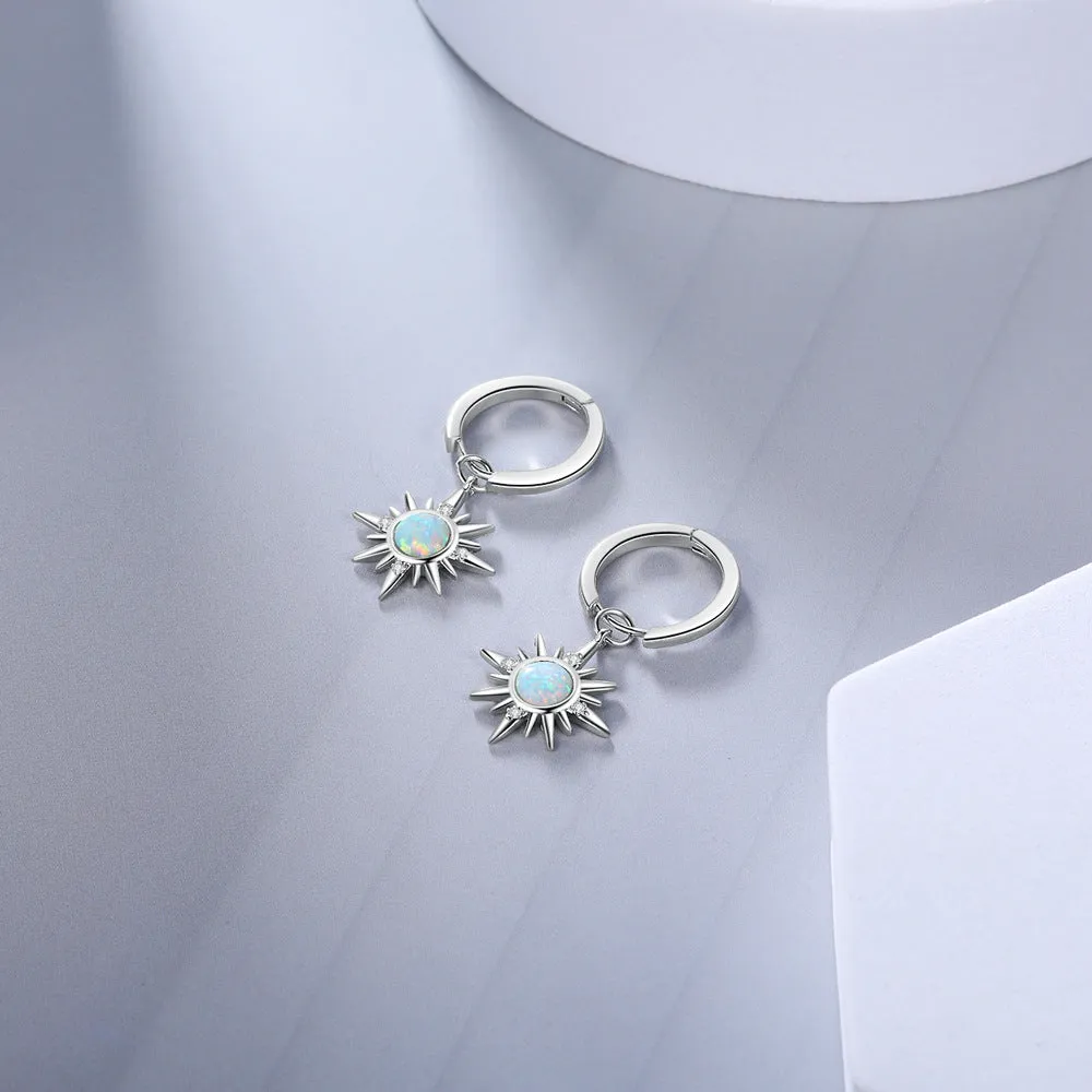 Sun Pendant Round Opal Small Zircon Sterling Silver Hoop Earrings