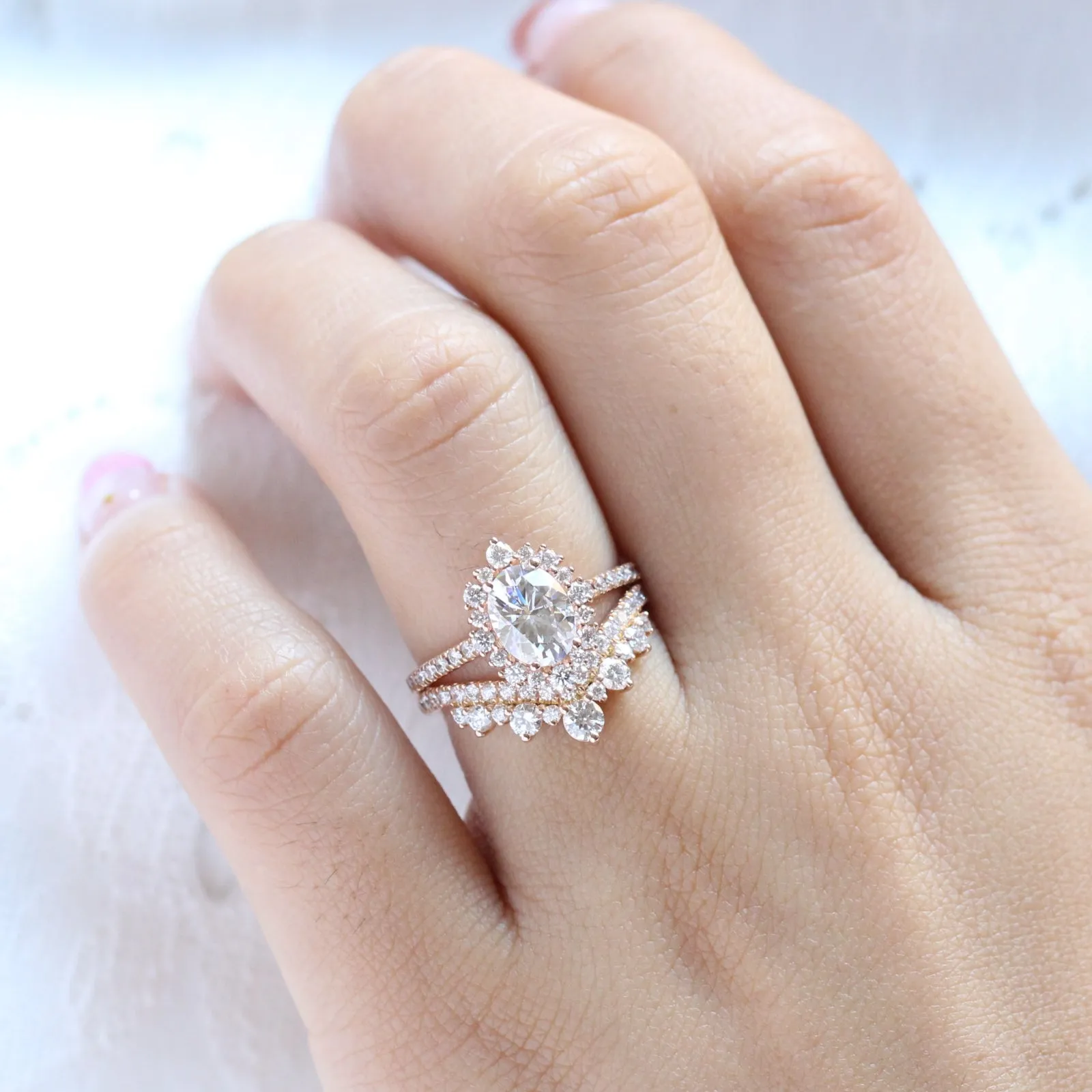 Tiara Halo Pave Ring Bridal Set w/ Oval Moissanite and Large Tiara Diamond V Band