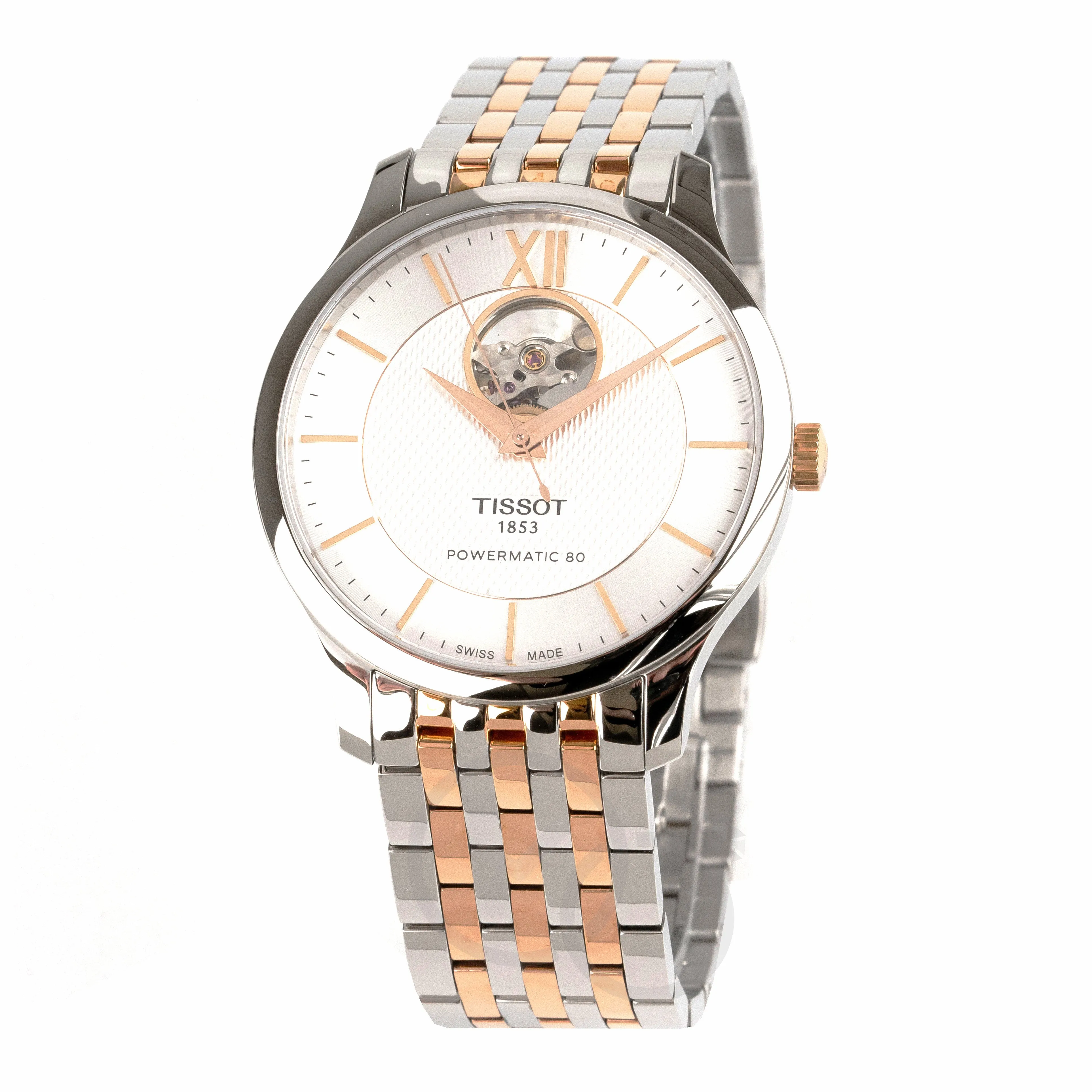 Tissot Men's Watch Tradition Powermatic 80 Open Heart Gold Rose Silver T0639072203801