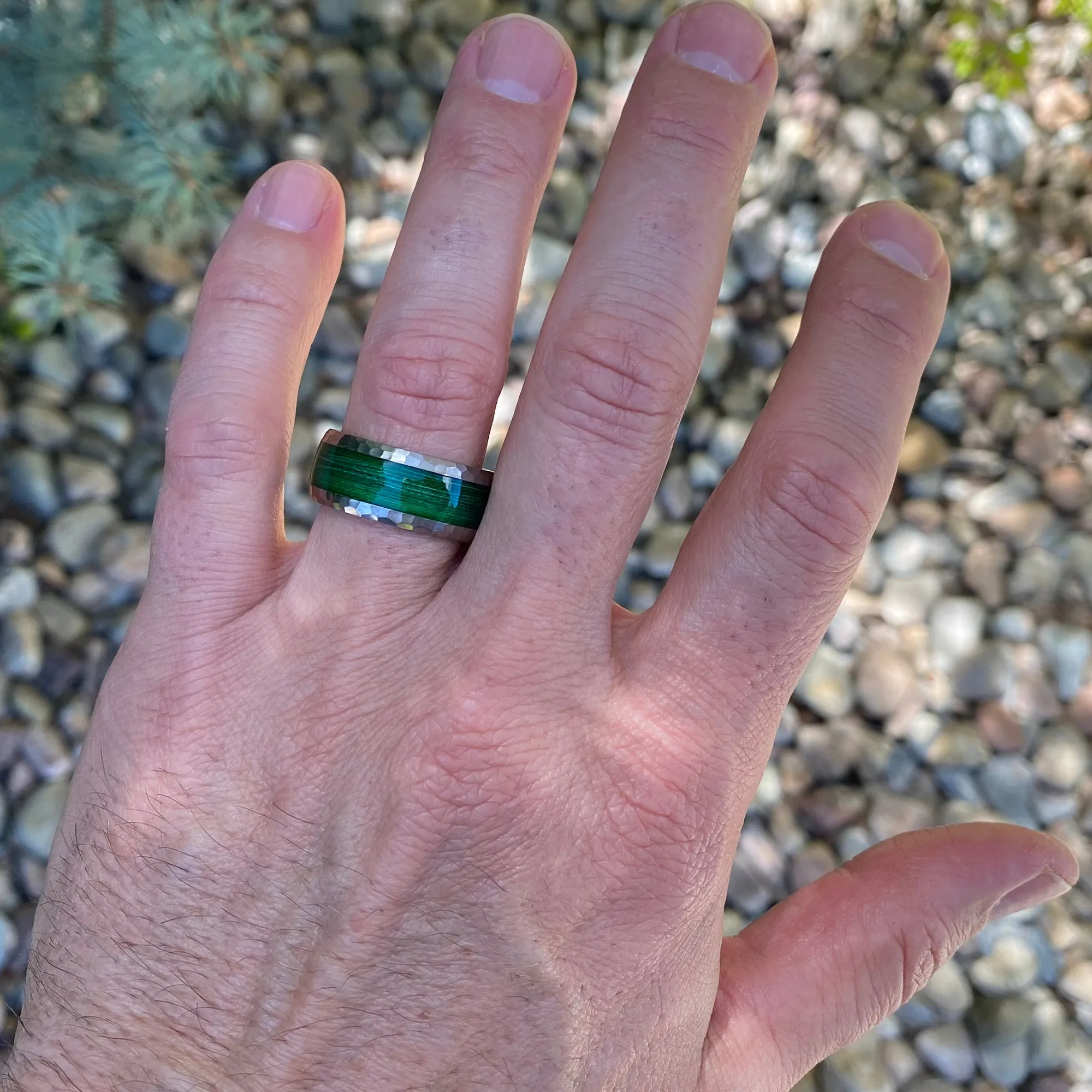 Titanium Mens Wedding Band with Fishing Line Inlay - Mens Wedding Rings - Hammered Finish with Green Inlay