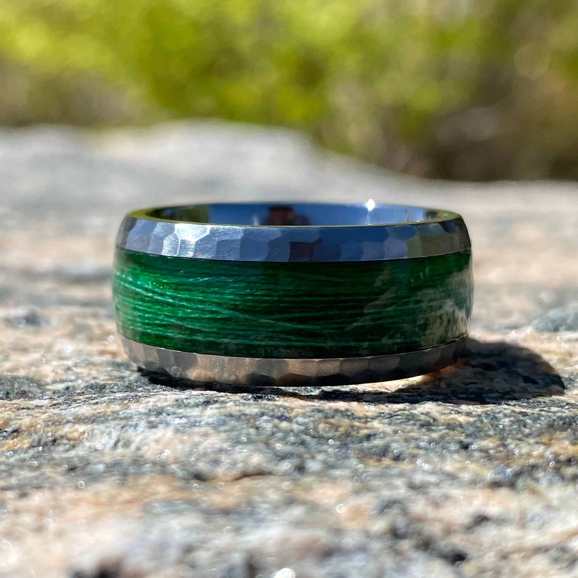 Titanium Mens Wedding Band with Fishing Line Inlay - Mens Wedding Rings - Hammered Finish with Green Inlay