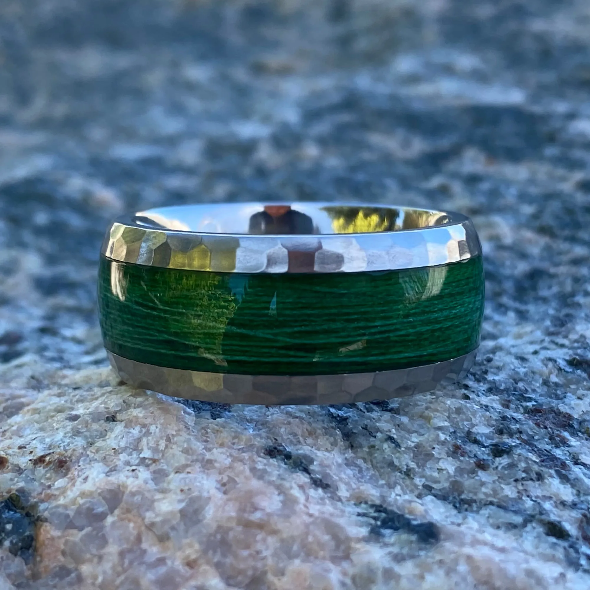 Titanium Mens Wedding Band with Fishing Line Inlay - Mens Wedding Rings - Hammered Finish with Green Inlay