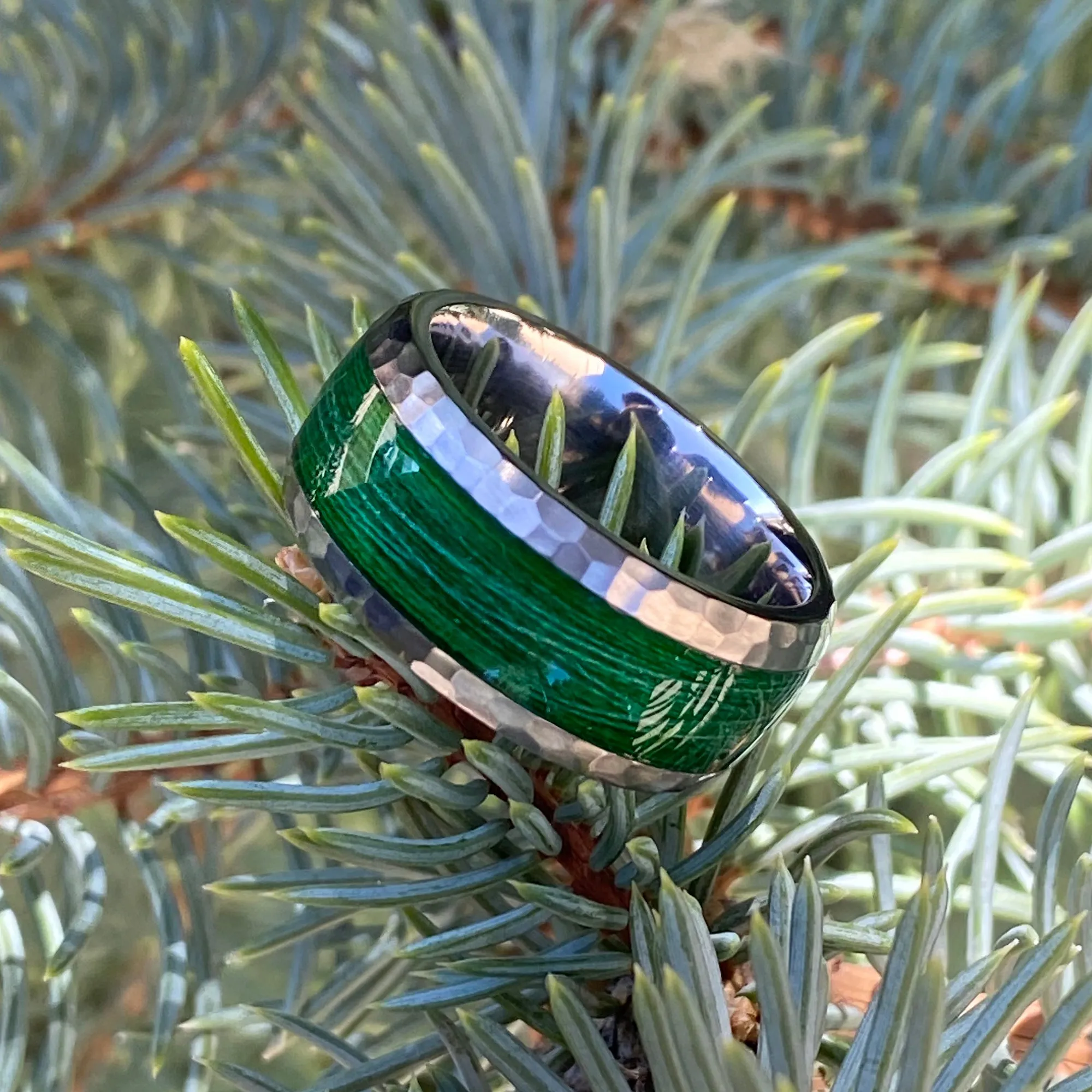 Titanium Mens Wedding Band with Fishing Line Inlay - Mens Wedding Rings - Hammered Finish with Green Inlay