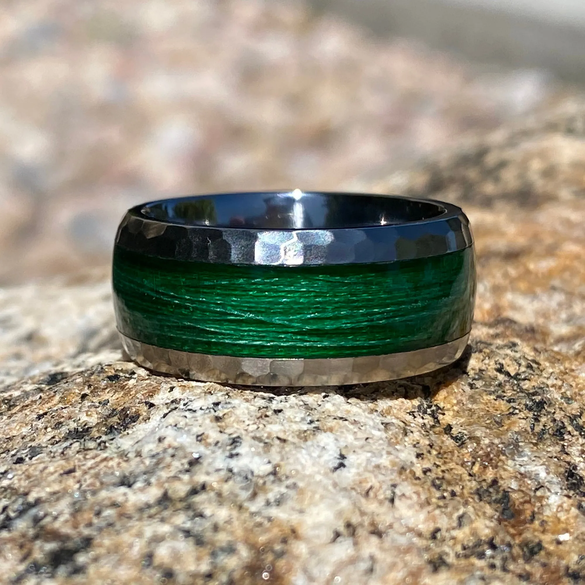 Titanium Mens Wedding Band with Fishing Line Inlay - Mens Wedding Rings - Hammered Finish with Green Inlay