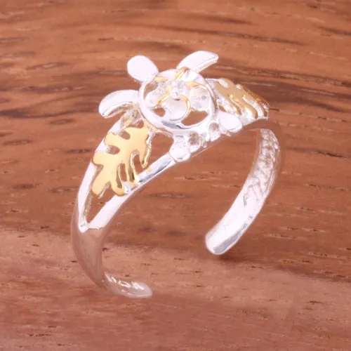 Two Tone Yellow Gold Plated Honu and Plumeria with Clear CZ Toe Ring