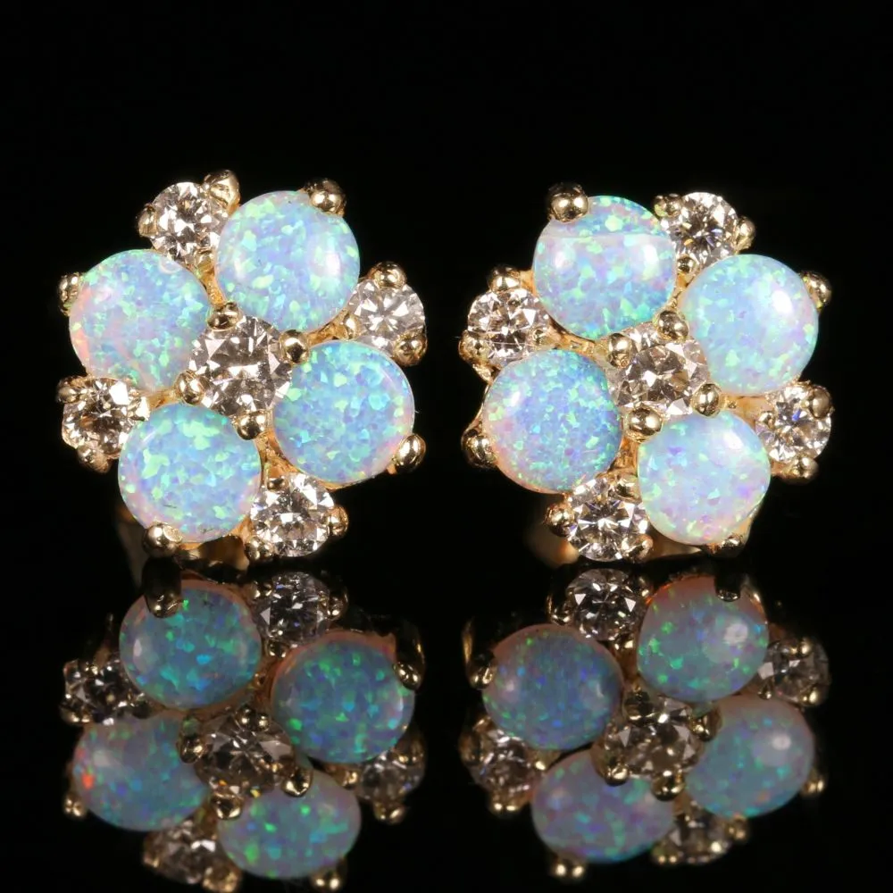 Victorian Style Opal Diamond Cluster Stud Earrings 9Ct Gold 1.60Ct Opal