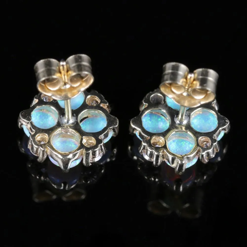 Victorian Style Opal Diamond Cluster Stud Earrings 9Ct Gold 1.60Ct Opal