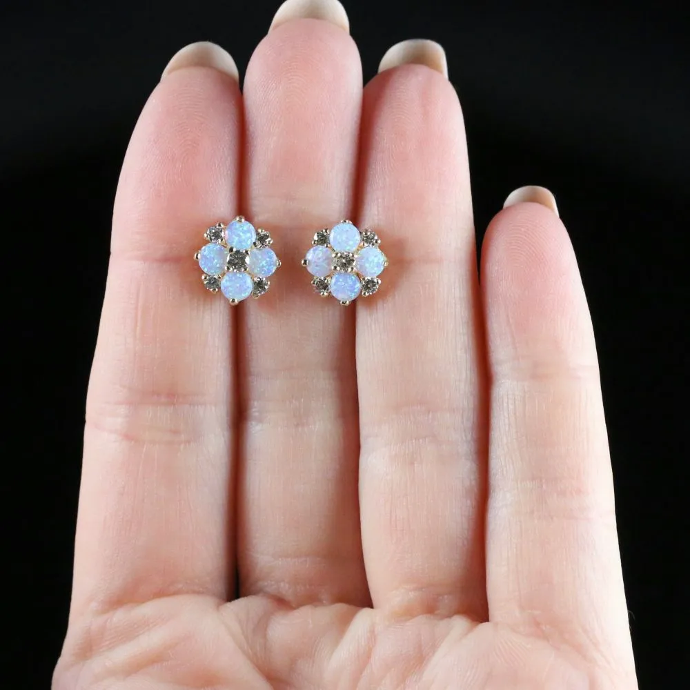 Victorian Style Opal Diamond Cluster Stud Earrings 9Ct Gold 1.60Ct Opal