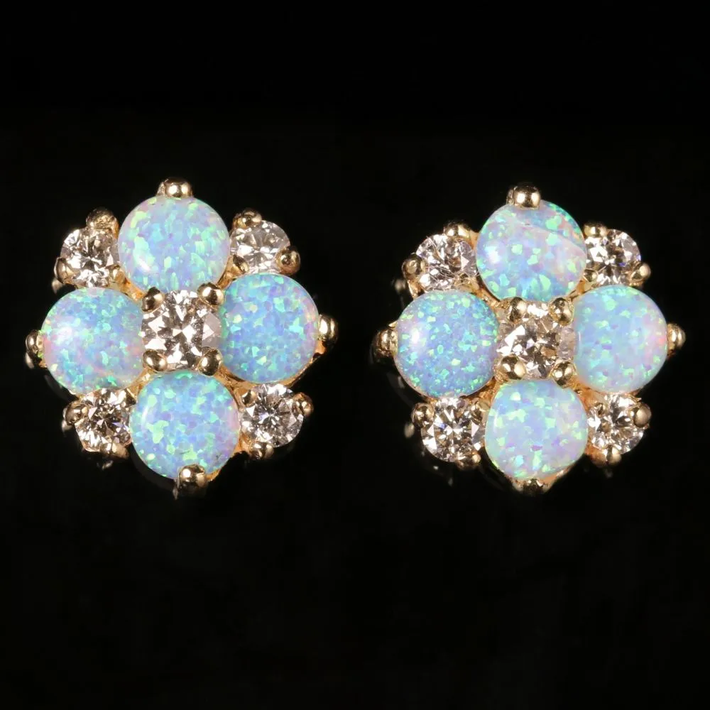 Victorian Style Opal Diamond Cluster Stud Earrings 9Ct Gold 1.60Ct Opal