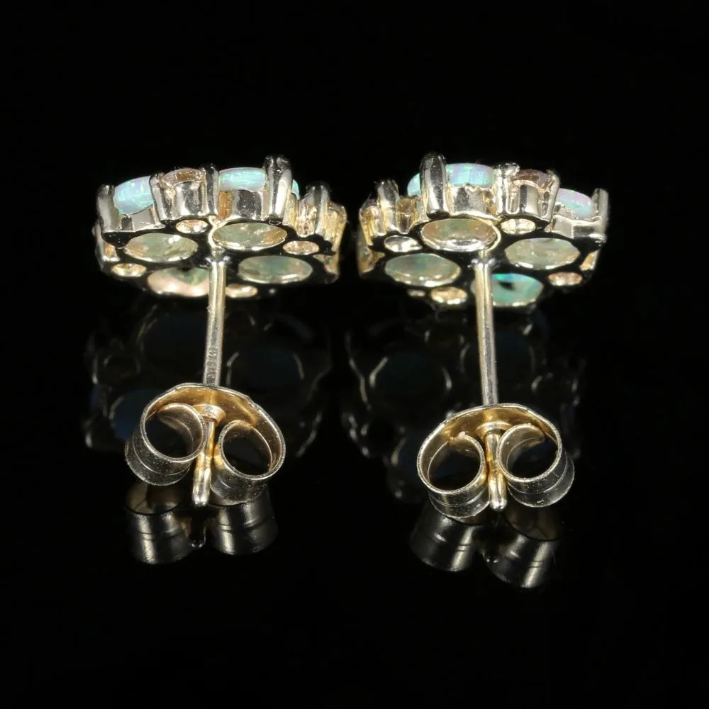 Victorian Style Opal Diamond Cluster Stud Earrings 9Ct Gold 1.60Ct Opal