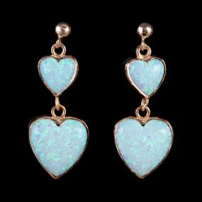 Victorian Style Opal Heart Drop Earrings 9Ct Rose Gold