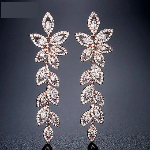 Vintage Cubic Zirconia Marquise Cut Leaves Bridal Jewelry Dangle Earrings