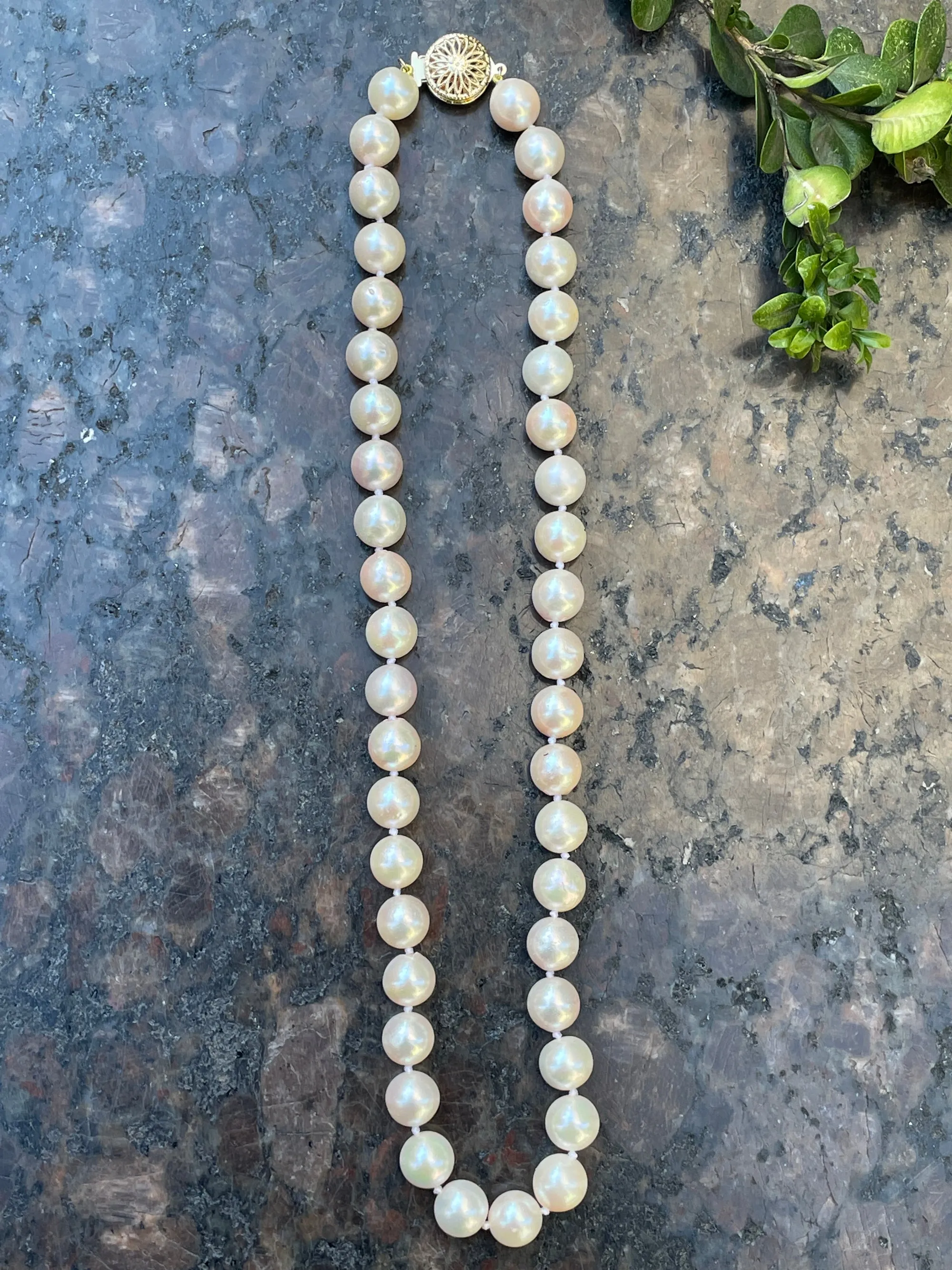 Vintage Cultured 9.5mm Japanese White Pearl 17.5" Strand Necklace 14k YG