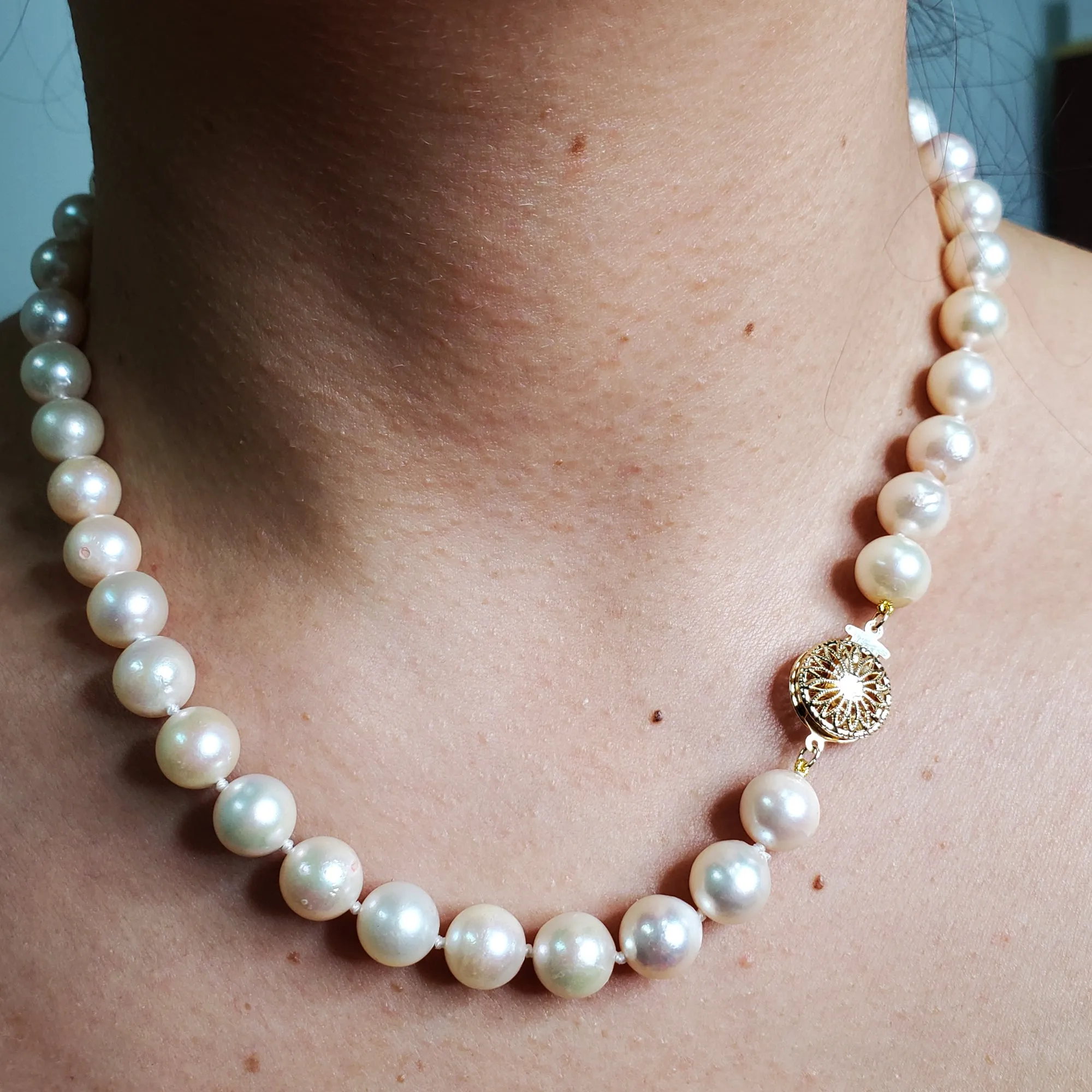 Vintage Cultured 9.5mm Japanese White Pearl 17.5" Strand Necklace 14k YG