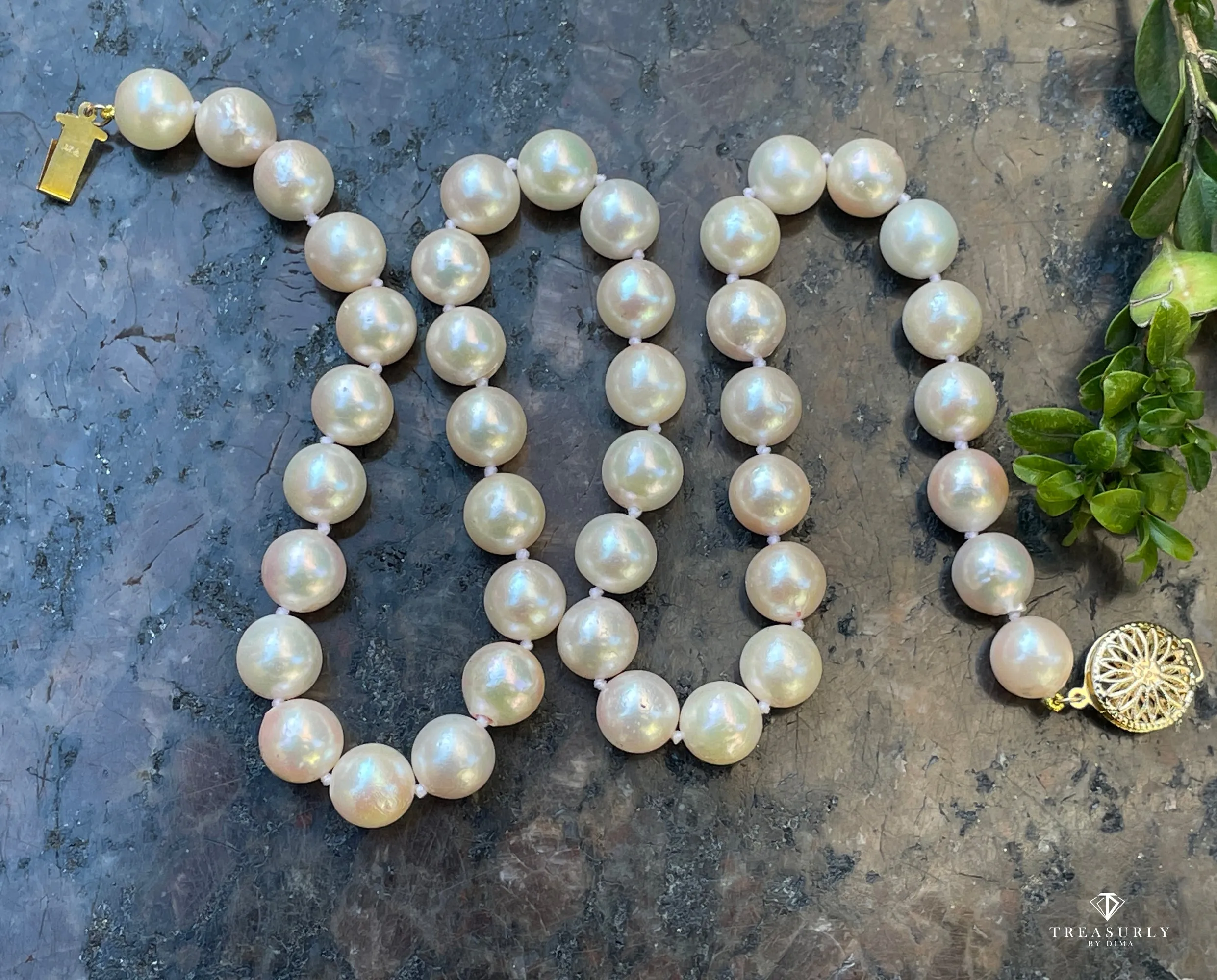 Vintage Cultured 9.5mm Japanese White Pearl 17.5" Strand Necklace 14k YG