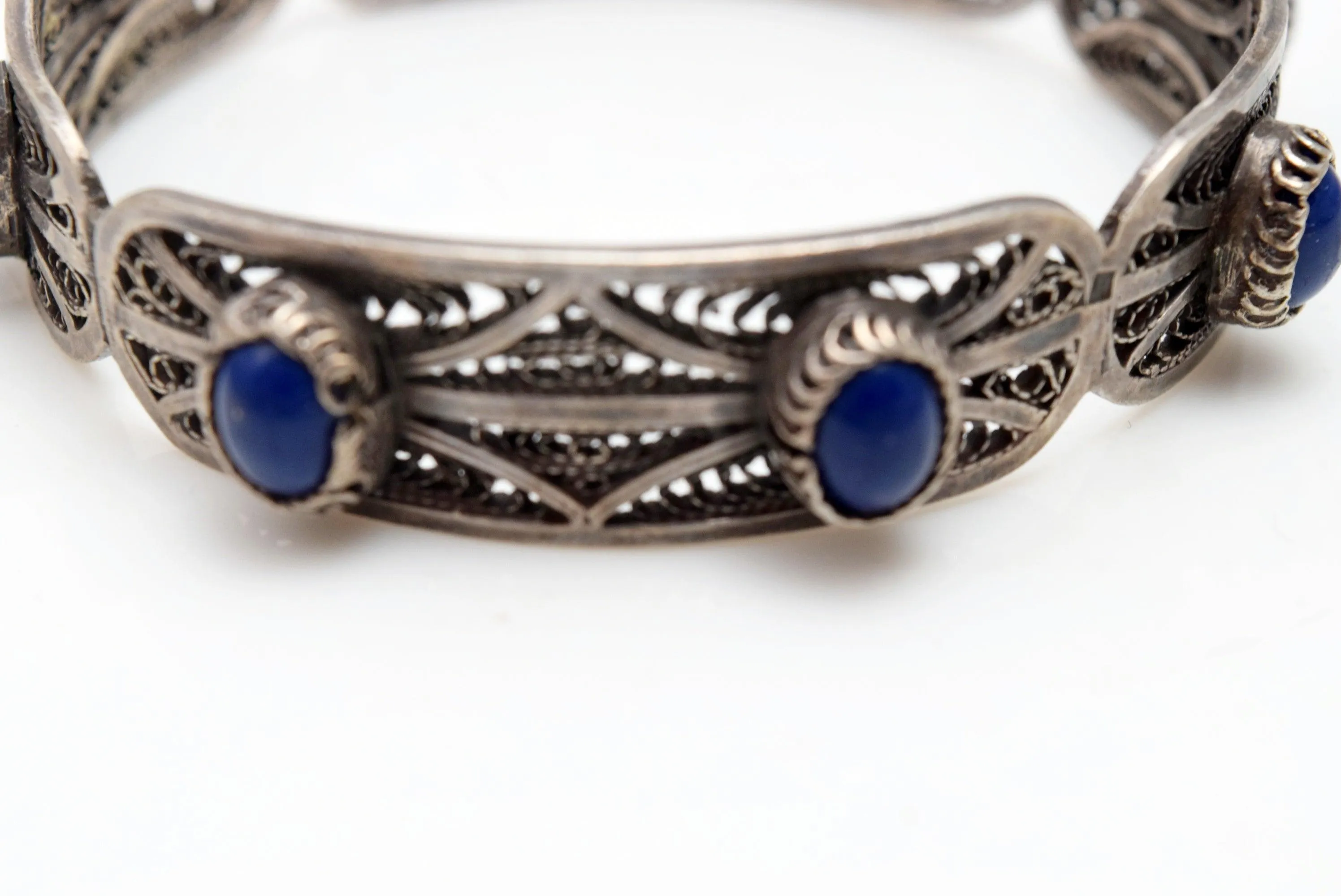 Vintage Egyptian Silver Filigree and Lapis Lazuli Bangle