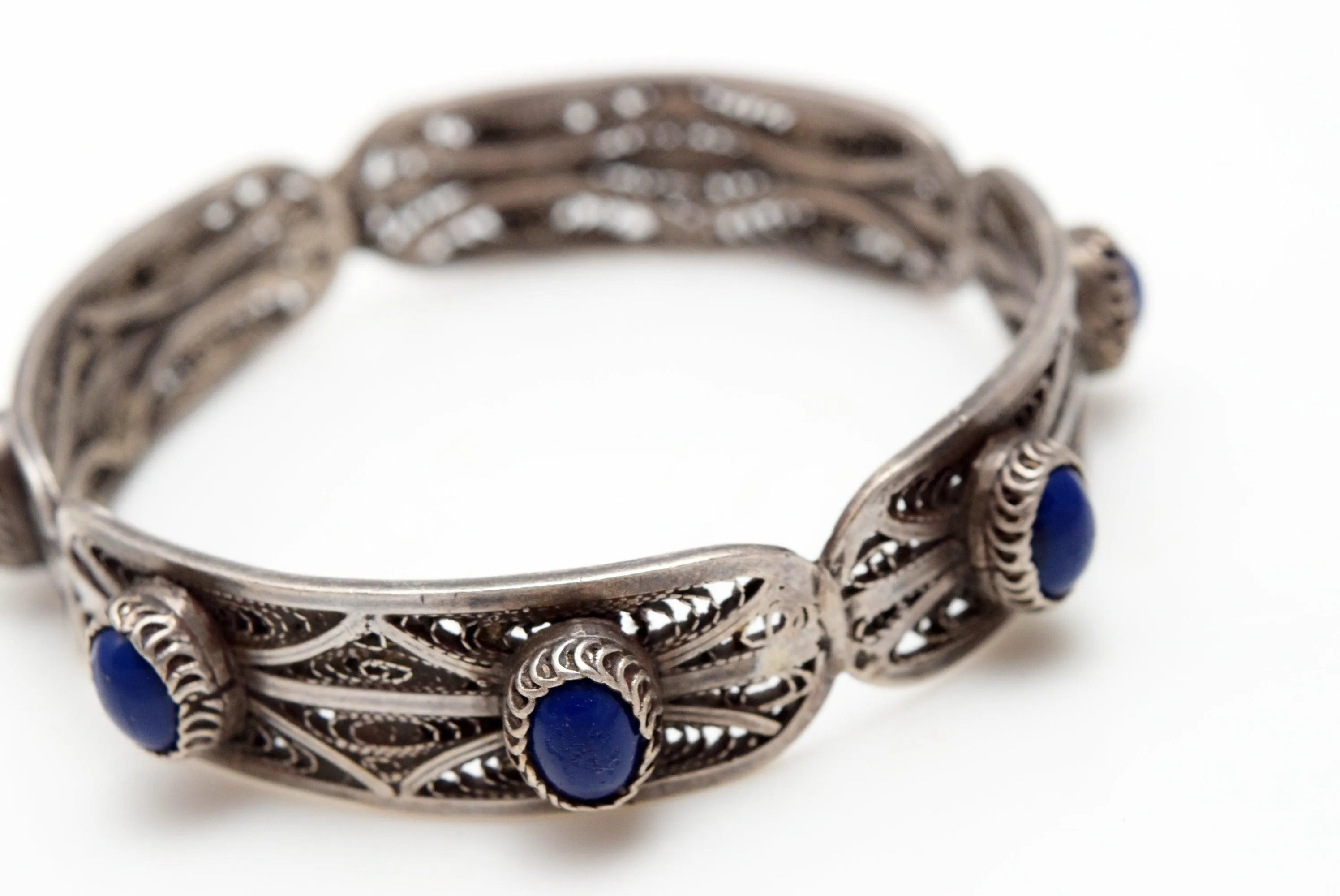 Vintage Egyptian Silver Filigree and Lapis Lazuli Bangle