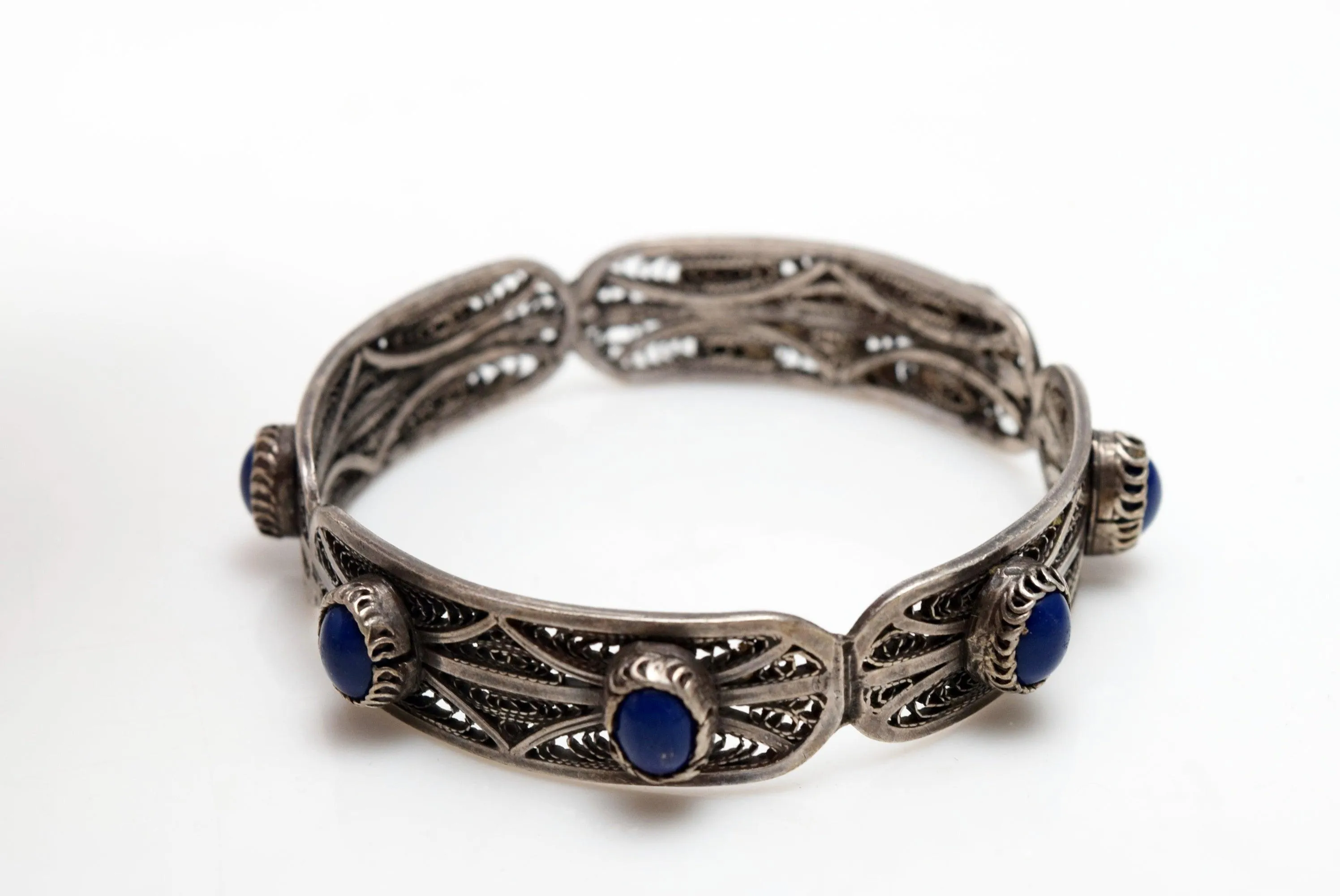 Vintage Egyptian Silver Filigree and Lapis Lazuli Bangle