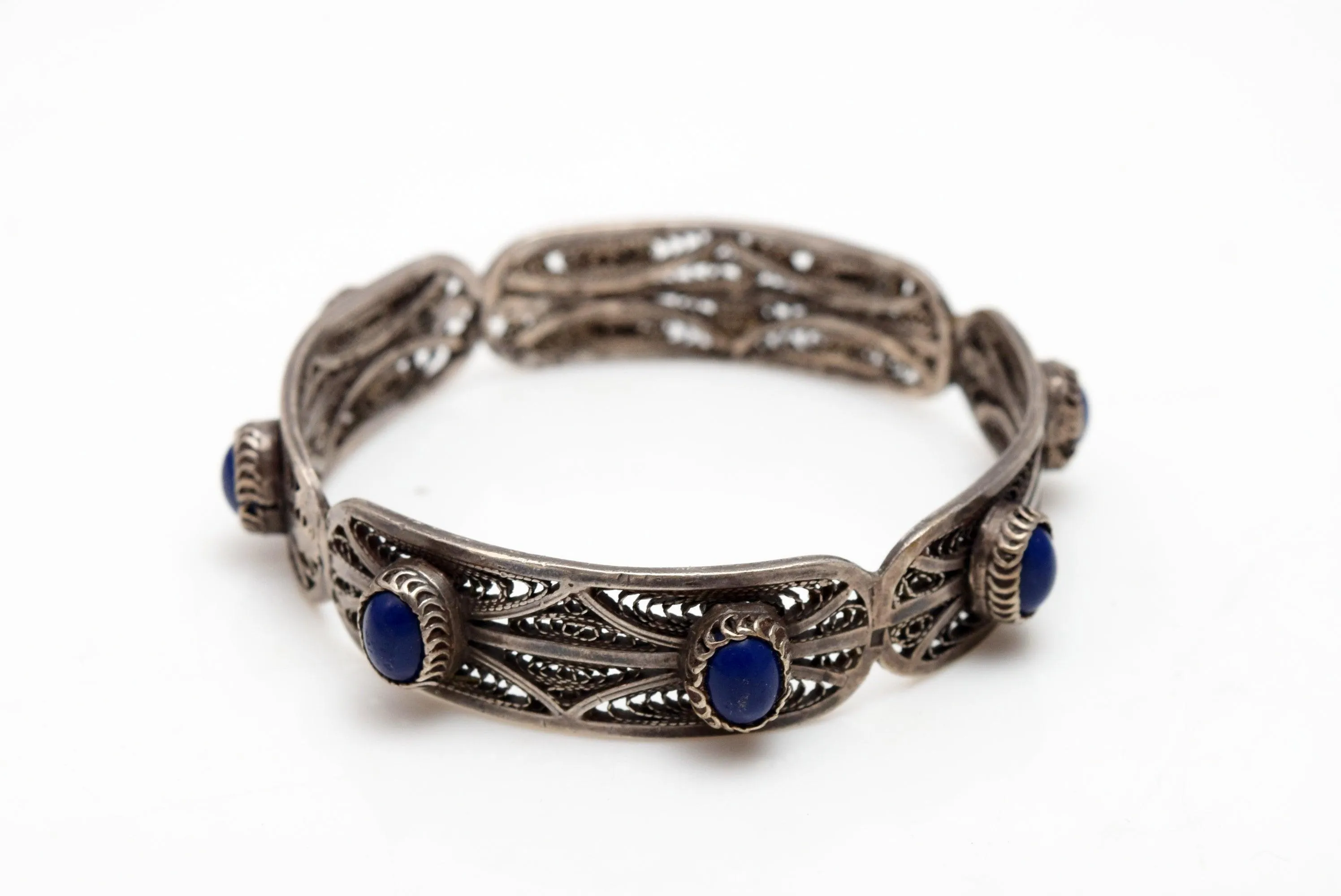 Vintage Egyptian Silver Filigree and Lapis Lazuli Bangle