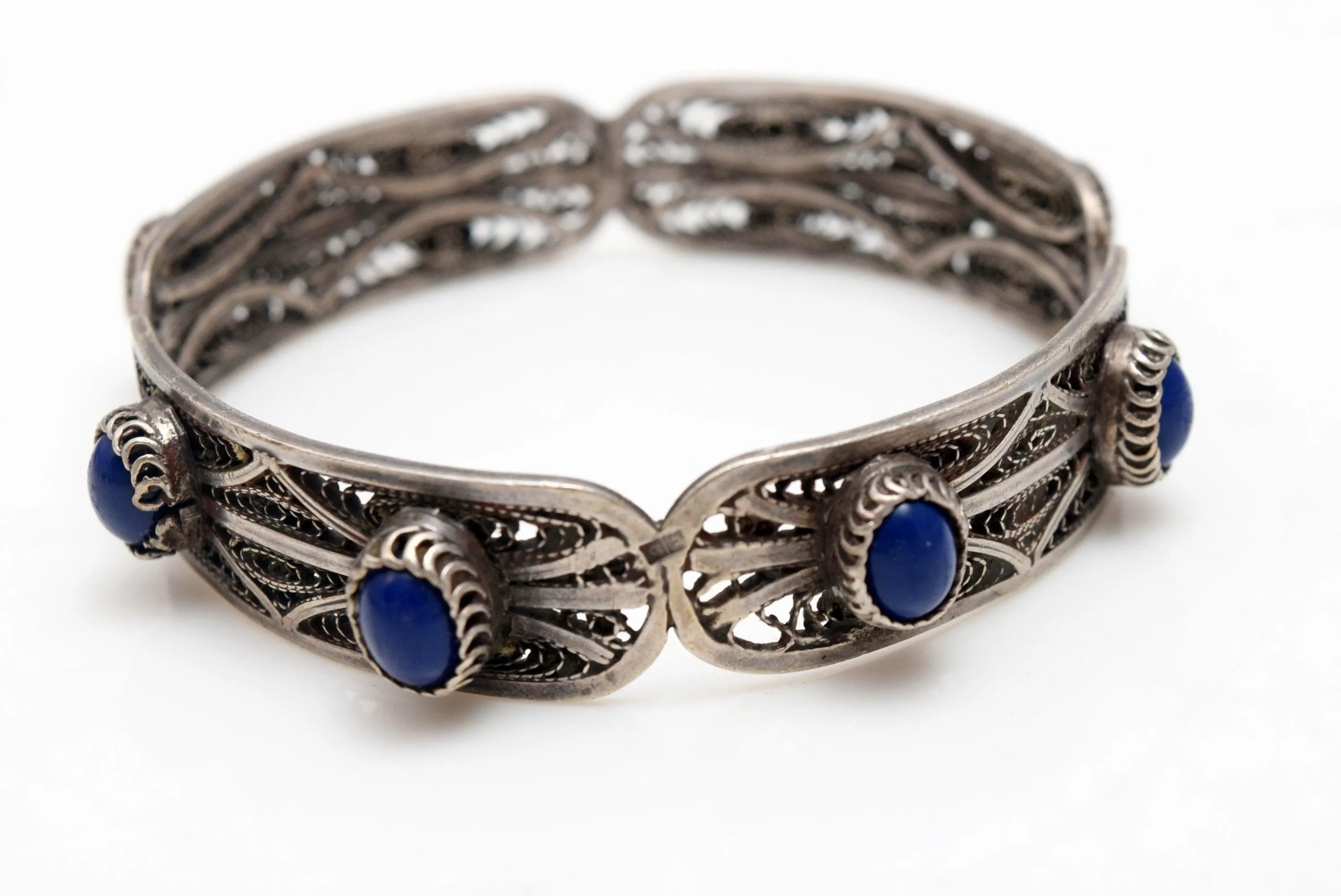 Vintage Egyptian Silver Filigree and Lapis Lazuli Bangle