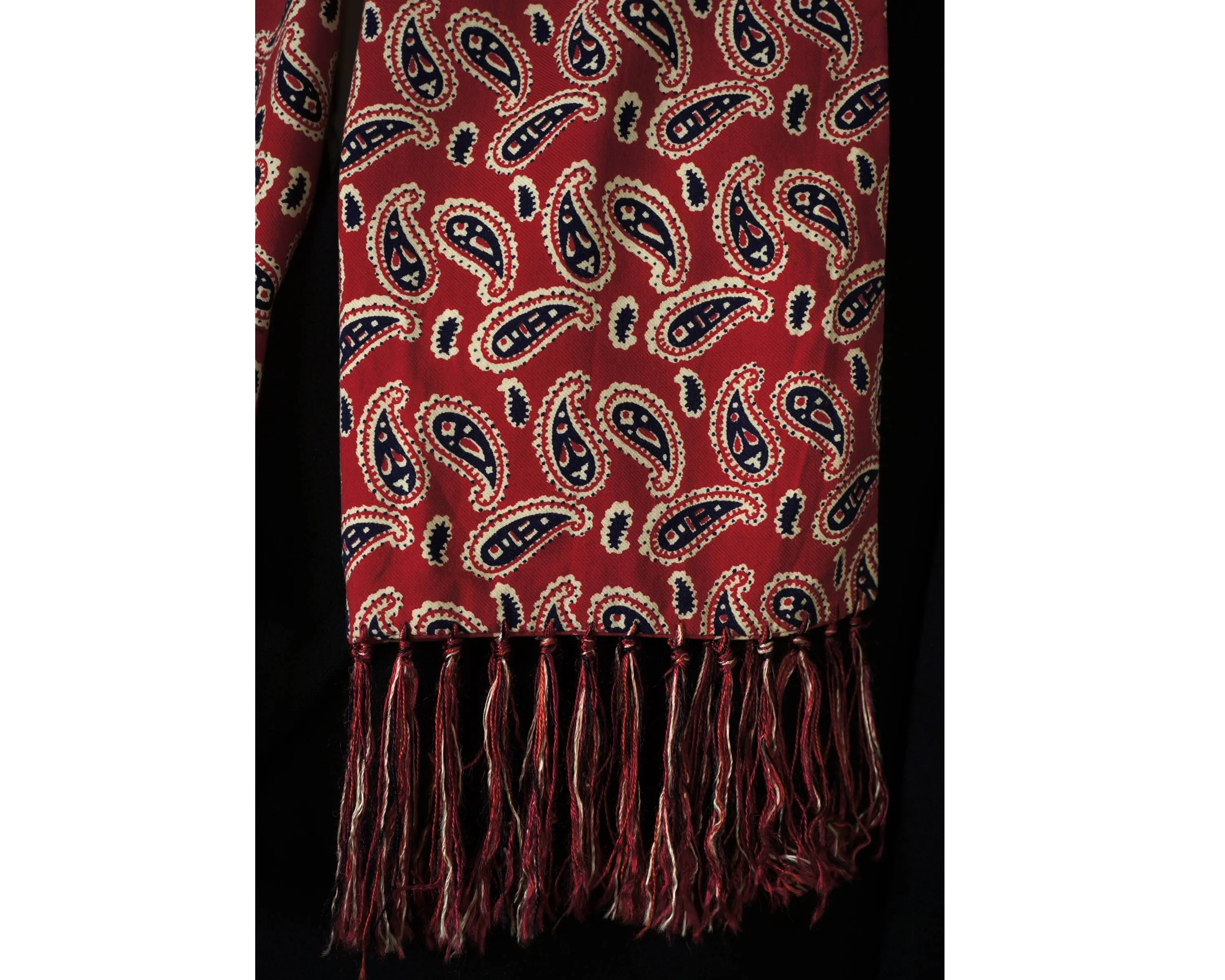 Vintage Fringed Paisley Scarf Hand Printed Wool Challis 1940s 50s Mens Fashion