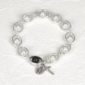 White Imitation Pearl and Silver tone Oval Rosary Stretch Bracelet