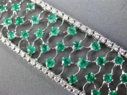 WIDE 15.0CT DIAMOND & COLOMBIAN EMERALD 18KT WHITE GOLD FILIGREE TENNIS BRACELET