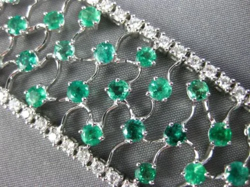 WIDE 15.0CT DIAMOND & COLOMBIAN EMERALD 18KT WHITE GOLD FILIGREE TENNIS BRACELET