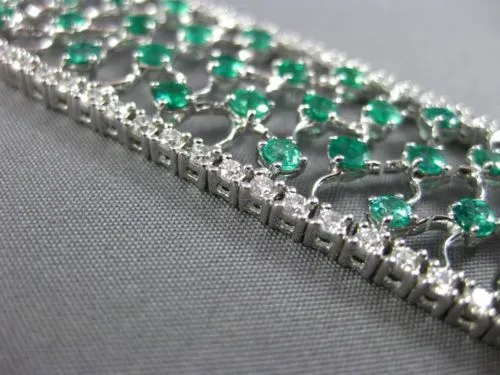 WIDE 15.0CT DIAMOND & COLOMBIAN EMERALD 18KT WHITE GOLD FILIGREE TENNIS BRACELET