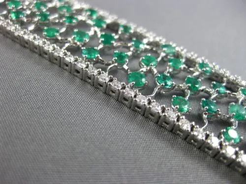 WIDE 15.0CT DIAMOND & COLOMBIAN EMERALD 18KT WHITE GOLD FILIGREE TENNIS BRACELET