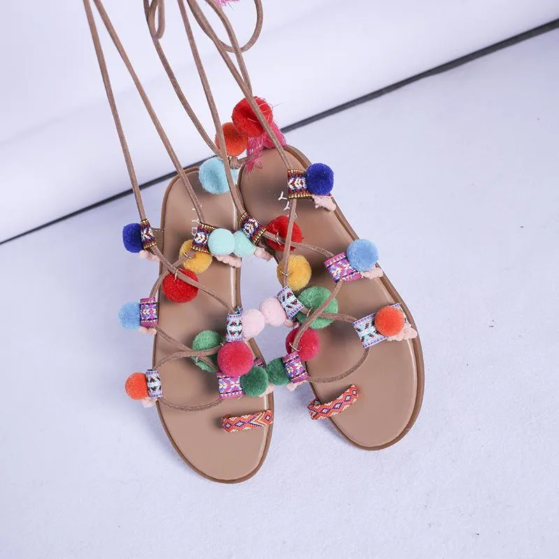 Women candy color fringe ring toe summer flat strappy sandals