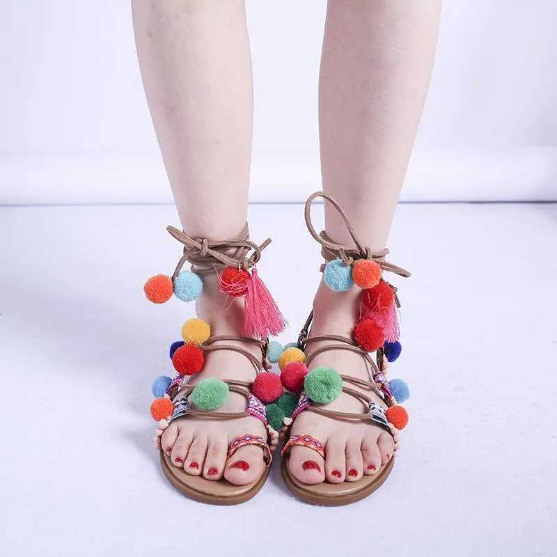 Women candy color fringe ring toe summer flat strappy sandals