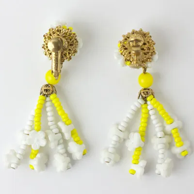 Yellow & White Beaded Flower 1960s Earrings