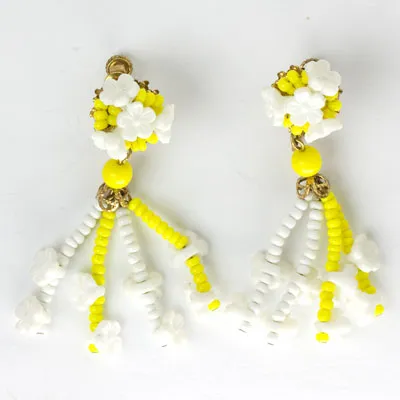 Yellow & White Beaded Flower 1960s Earrings