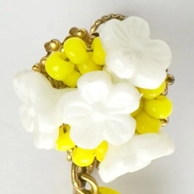 Yellow & White Beaded Flower 1960s Earrings