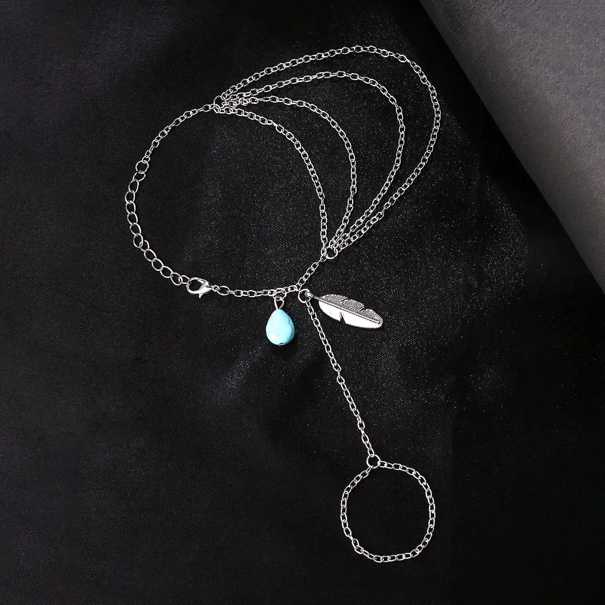 Yellow Chimes Hand Chain For Women Multilayer Silver Plated Blue Stone Feather Charm Hanging Hand Chain For Women and Girls